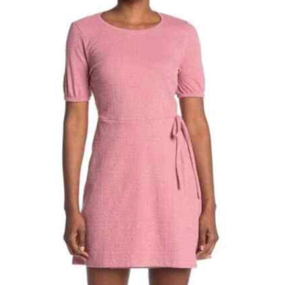 Madewell Pink Crosshatch Puff Sleeve Faux Wrap Dress misses size L